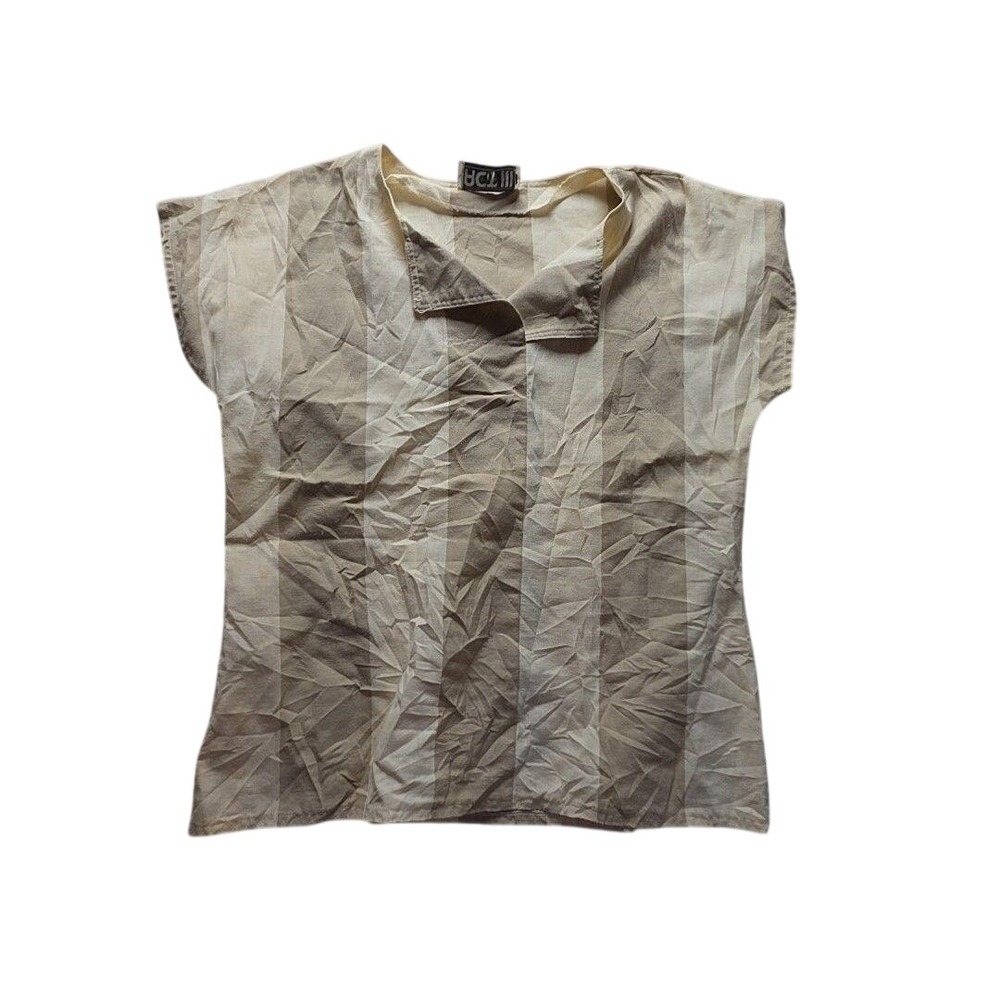 ACT III Blouse Womens 14 Beige Collared Short Cap Sleeve Stripe Vintage Top